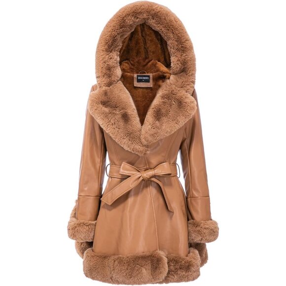Women's  Khaki With Gran Oriente Faux Leather Winter Coat with Fur Collar Belted - Picture 1 of 1